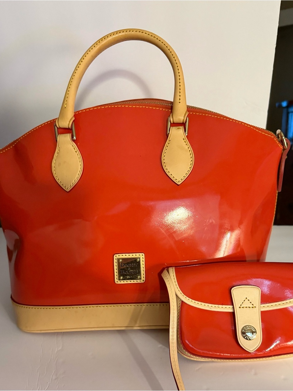 Dooney & Bourke Orange Patent Leather Satchel with Tan Trim and Coin Purse